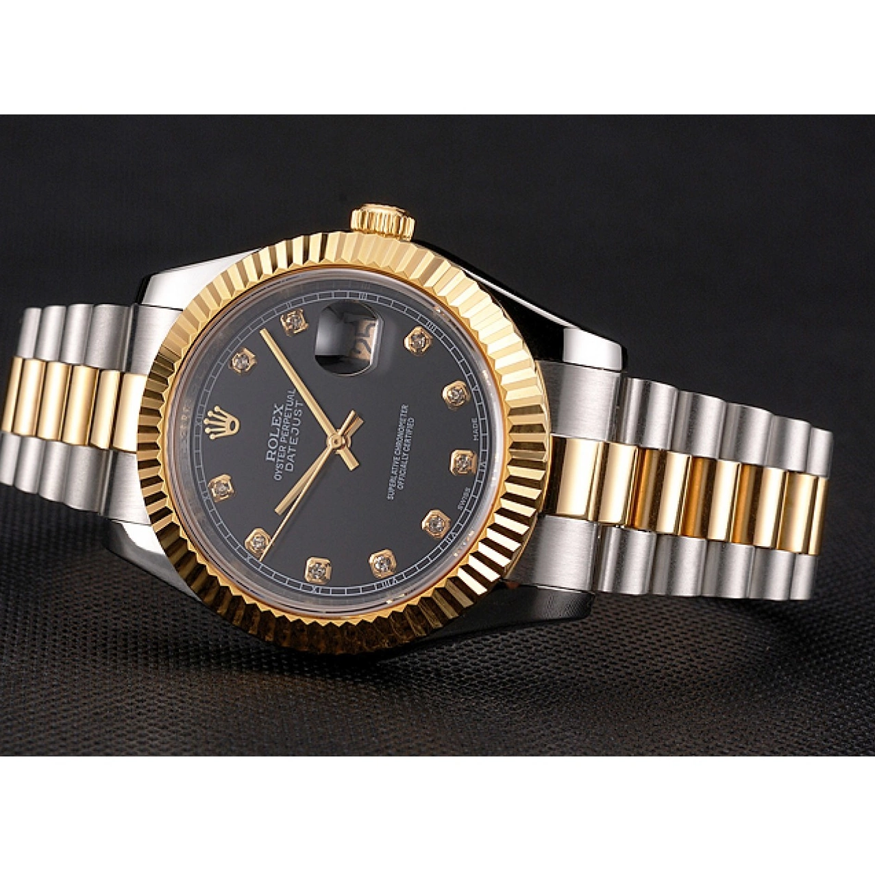 Best AAA Replica Sites Black Tone Dial Stainless Datejust Swiss Bracelet Steel Two Rolex Case Bezel Gold 0724